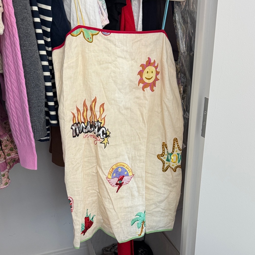 Embroidered Cream Sun & Patchwork A-Line mini dress